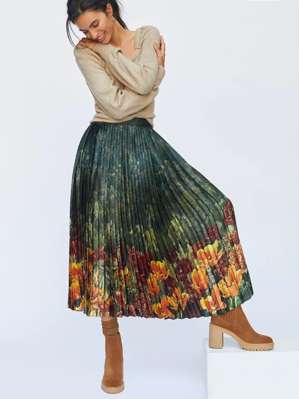 Anthropologie Geisha Designs Forest Pleated Midi Skirt Fall Floral Size XS NWT